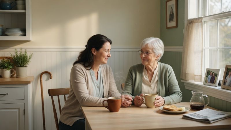 Adult child and parent sharing a quiet moment at the kitchen table